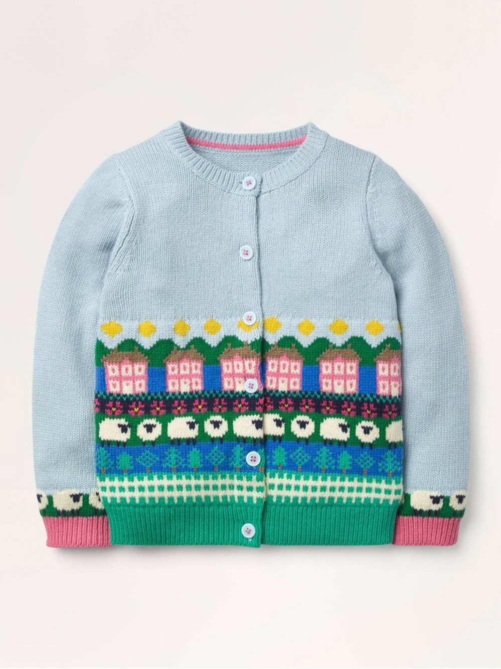 Mini Boden 4-5Y Blue Sheep House Novelty Knit Cardigan Sweater Girls Fair Isle